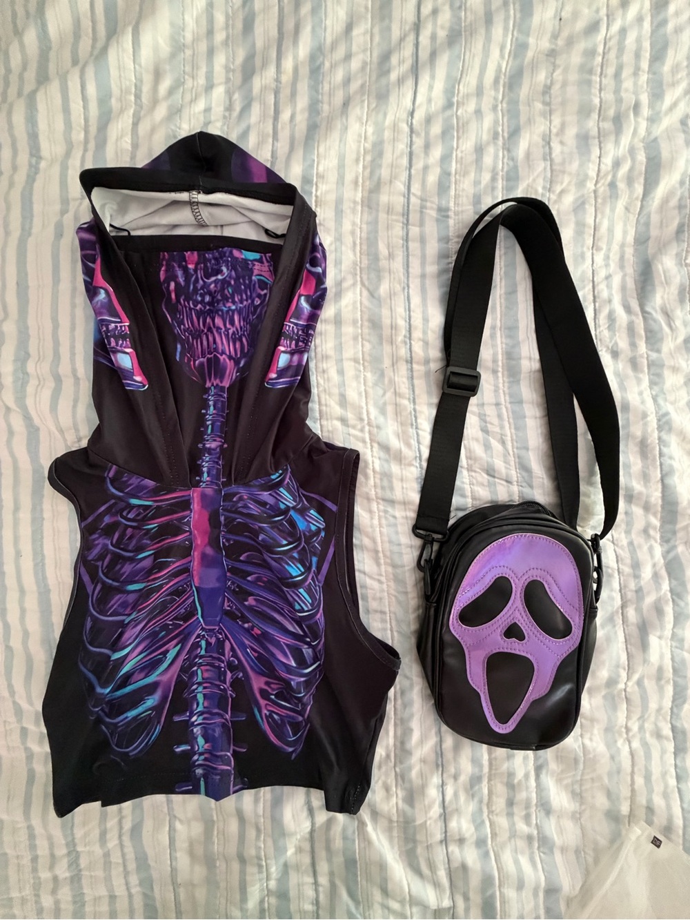 Rave Purple Glow Skeleton Hoodie Costume Top with Matching Mask Bag